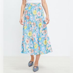 NWT LOFT Floral Tiered Linen Pull On Midi Skirt Blue Pink Yellow Size Large NEW